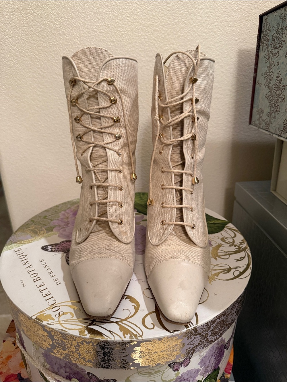 Hand Crafted Cream Lace-Up leather & canvas Women's Ankle Boots + Gold Accents